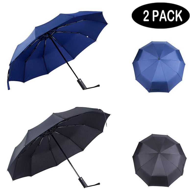 PFFY 2 Packs Travel Umbrella Windproof Auto Open & Close Collapsible Folding Small Compact Backpack Car travel Essentials Purse Umbrellas for Rain Black+Blue - Image 2